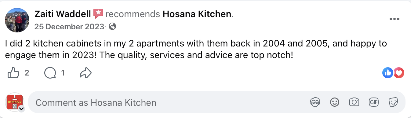 Hosana Kitchen customer Facebook review